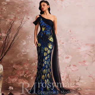 Black One-shoulder Sequin Party Dress with Peacock Pattern design