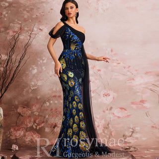 Black One-shoulder Sequin Party Dress with Peacock Pattern design