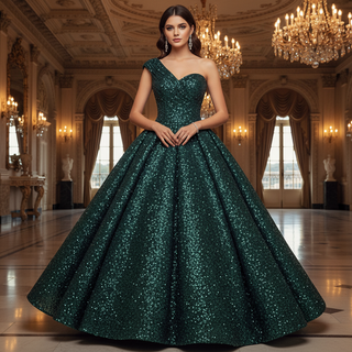 One Shoulder Puffy Skirt Sparkly Quinceanera Dresses