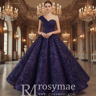 One Shoulder Puffy Skirt Sparkly Quinceanera Dresses