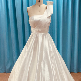 One Shoulder Strap A-line Satin Wedding Dress with Ruched Bodice - Rosymae