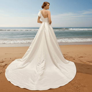 One Shoulder Strap A-line Satin Wedding Dress with Ruched Bodice - Rosymae