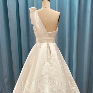 One Shoulder Strap A-line Satin Wedding Dress with Ruched Bodice - Rosymae