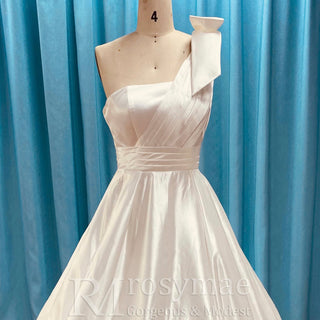 One Shoulder Strap A-line Satin Wedding Dress with Ruched Bodice - Rosymae