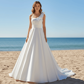 One Shoulder Strap A-line Satin Wedding Dress with Ruched Bodice - Rosymae