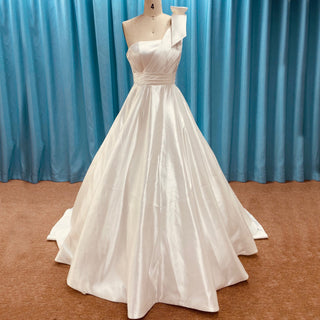 One Shoulder Strap A-line Satin Wedding Dress with Ruched Bodice - Rosymae