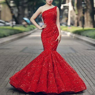 Women's Red Sequin Mermaid Prom Dresses with One Shoulder