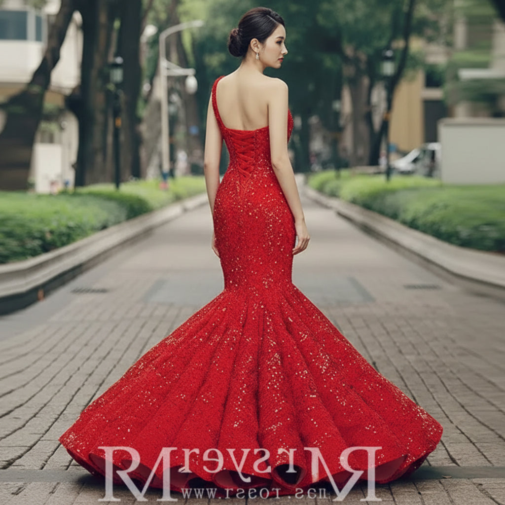 Women's Red Sequin Mermaid Prom Dresses with One Shoulder Rosymae Women's Red Sequin Mermaid Prom Dresses with One Shoulder Rosymae