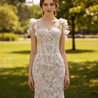 Open Back Floral Lace Mermaid Wedding Dress with Flowers - Rosymae