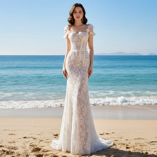 Open Back Floral Lace Mermaid Wedding Dress with Flowers - Rosymae