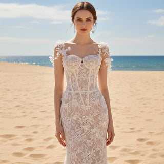 Open Back Floral Lace Mermaid Wedding Dress with Flowers - Rosymae