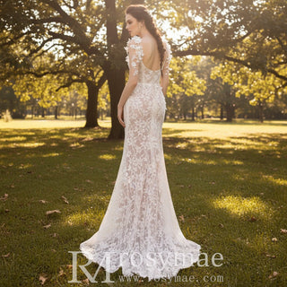 Open Back Floral Lace Mermaid Wedding Dress with Flowers - Rosymae