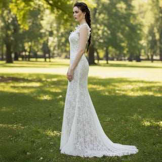 Open Back Floral Lace Mermaid Wedding Dress with Flowers - Rosymae