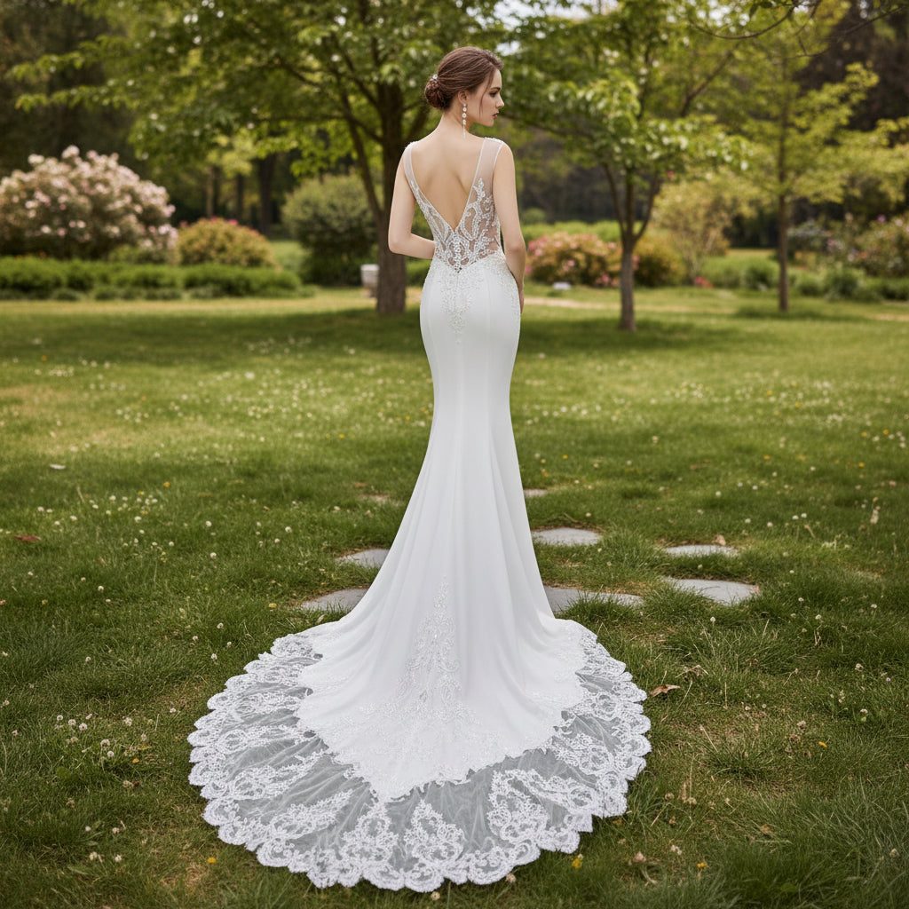 vintage beaded wedding dress Mermaid Vintage Beaded Lace Wedding Dress with Deep V Neck – Rosymae