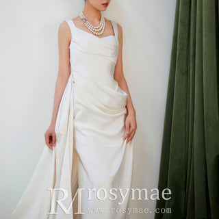 Asymmetrical Neck Satin Wedding Dress with Detachable Train