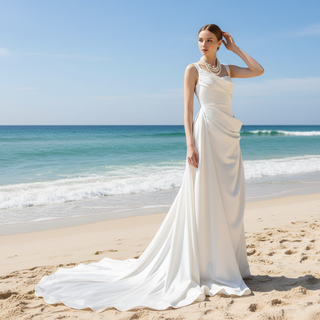 Asymmetrical Neck Satin Wedding Dress with Detachable Train