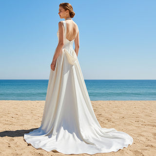 Asymmetrical Neck Satin Wedding Dress with Detachable Train Rosymae Asymmetrical Neck Satin Wedding Dress with Detachable Train Rosymae