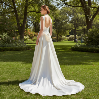 Asymmetrical Neck Satin Wedding Dress with Detachable Train