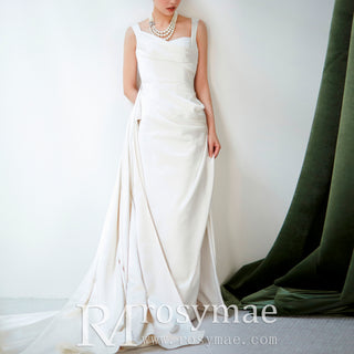 Asymmetrical Neck Satin Wedding Dress with Detachable Train