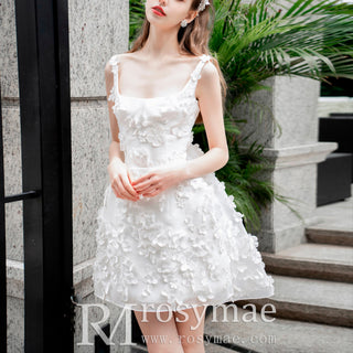 Open Back Square Neck Midi Wedding Dresses with Flowers - Rosymae