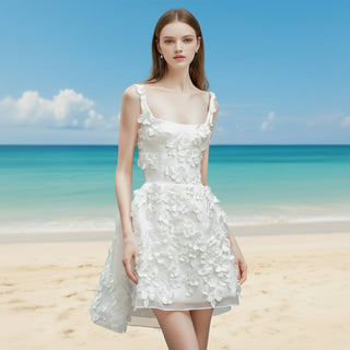 Open Back Square Neck Midi Wedding Dresses with Flowers - Rosymae