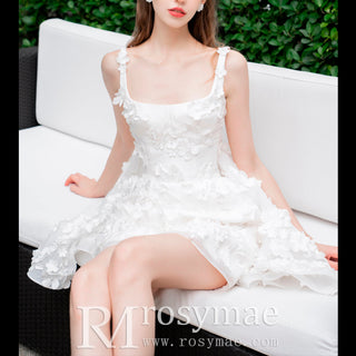 Open Back Square Neck Midi Wedding Dresses with Flowers - Rosymae