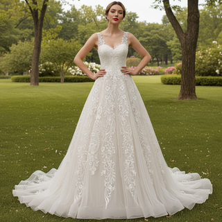 V-neck Open Back Bridal Gown Wedding Dress A-line Lace Tulle