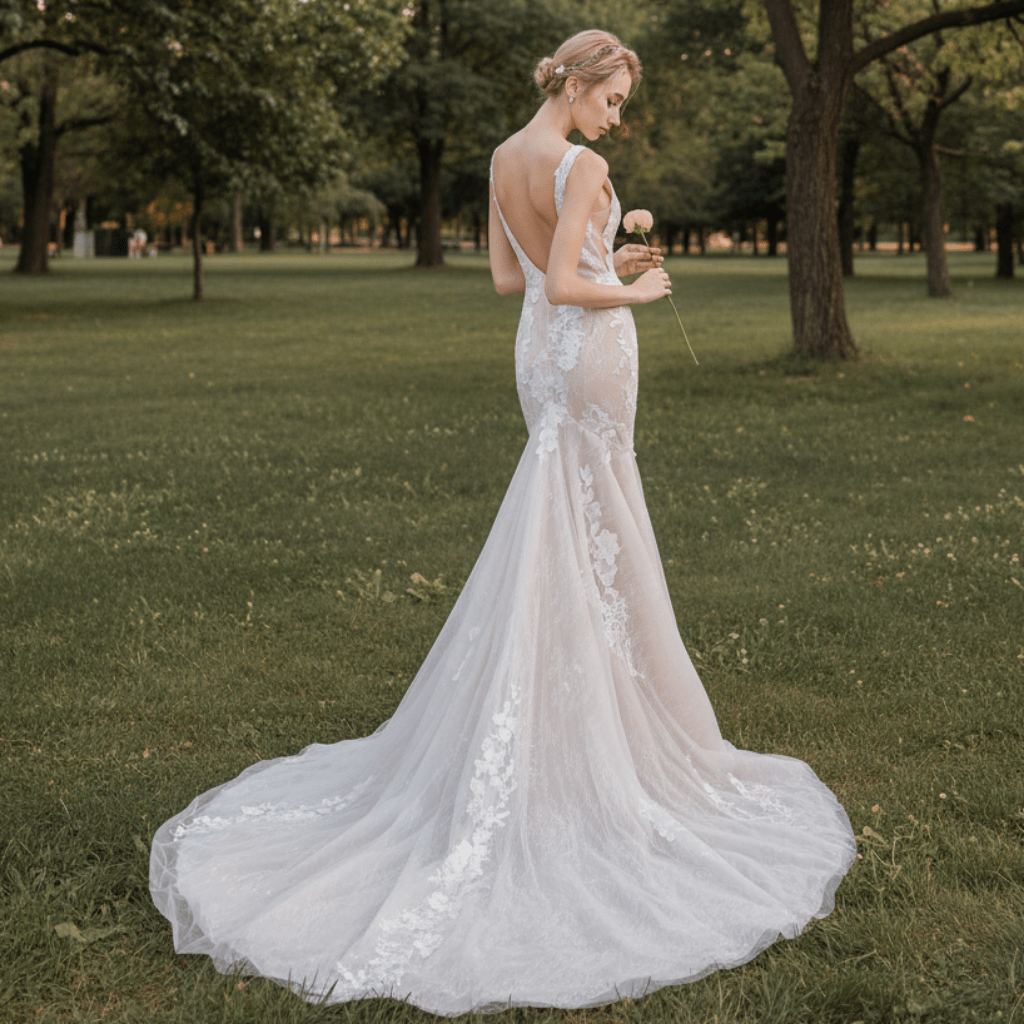 Open Mermaid Wedding Dress Bridal Gown with Plunging - Rosymae