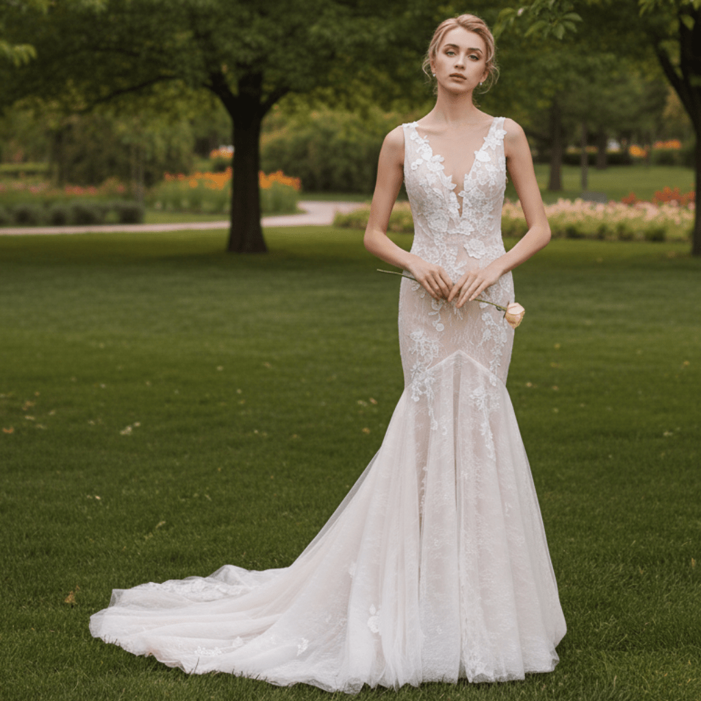 Open Mermaid Wedding Dress Bridal Gown with Plunging - Rosymae