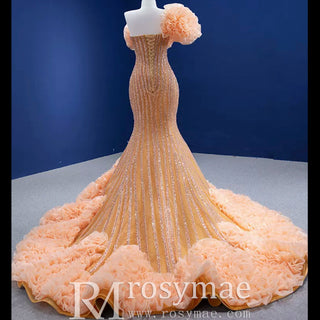 Orange Trumpet Sequins Beading Prom Dress Evening Gown - Rosymae
