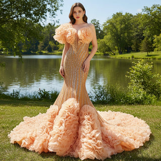 Orange Trumpet Sequins Beading Prom Dress Evening Gown - Rosymae
