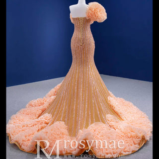 Orange Trumpet Sequins Beading Prom Dress Evening Gown - Rosymae