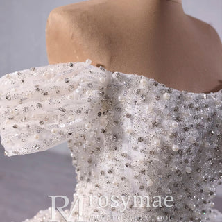 Organza Ball Gown Off the Shoulder Wedding Dress with Boat Neck - Rosymae