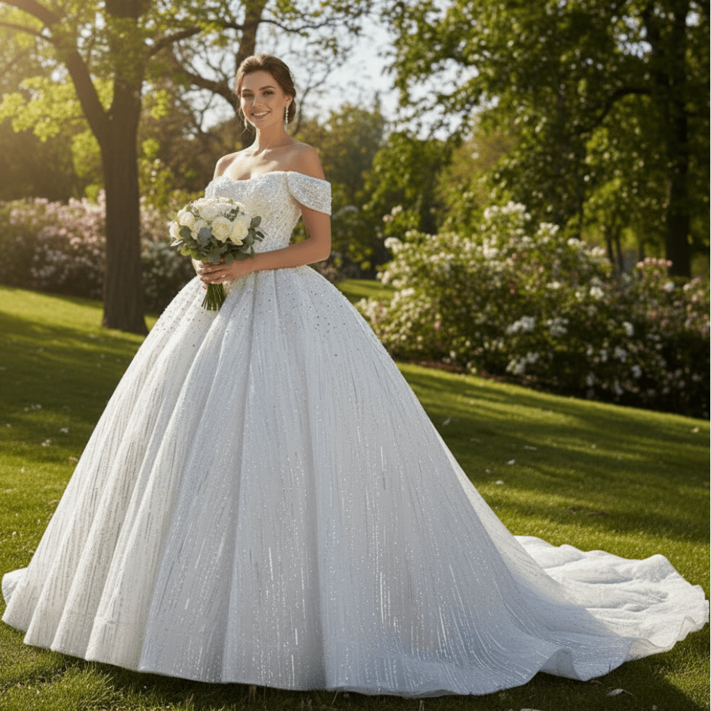 Organza Ball Gown Off the Shoulder Wedding Dress with Boat Neck - Rosymae