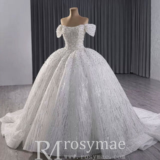 Organza Ball Gown Off the Shoulder Wedding Dress with Boat Neck - Rosymae