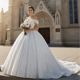 Organza Ball Gown Off the Shoulder Wedding Dress with Boat Neck - Rosymae
