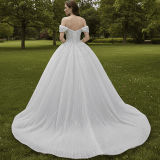 Organza Ball Gown Off the Shoulder Wedding Dress with Boat Neck - Rosymae