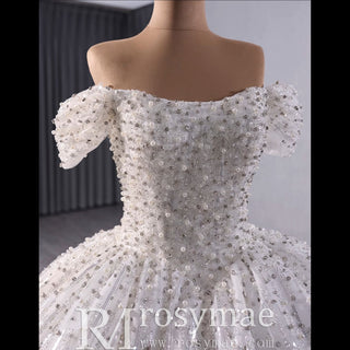 Organza Ball Gown Off the Shoulder Wedding Dress with Boat Neck - Rosymae