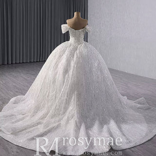 Organza Ball Gown Off the Shoulder Wedding Dress with Boat Neck - Rosymae