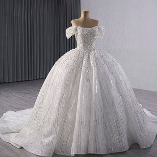 Organza Ball Gown Off the Shoulder Wedding Dress with Boat Neck - Rosymae