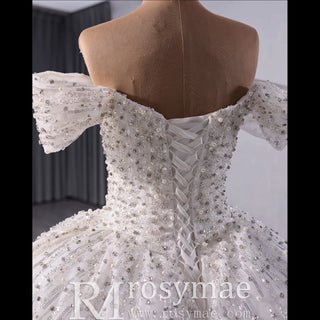 Organza Ball Gown Off the Shoulder Wedding Dress with Boat Neck - Rosymae