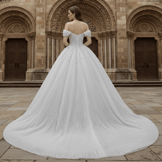Organza Ball Gown Off the Shoulder Wedding Dress with Boat Neck - Rosymae