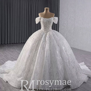 Organza Ball Gown Off the Shoulder Wedding Dress with Boat Neck - Rosymae