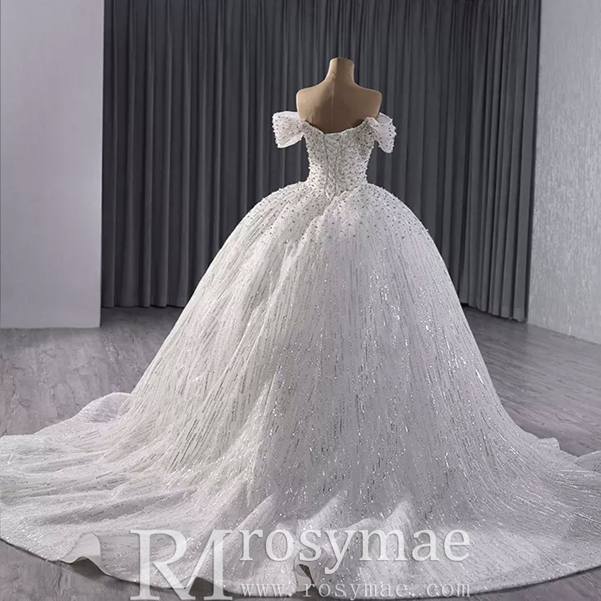 Organza Ball Gown Off the Shoulder Wedding Dress with Boat Neck - Rosymae
