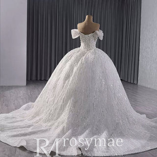 Organza Ball Gown Off the Shoulder Wedding Dress with Boat Neck - Rosymae
