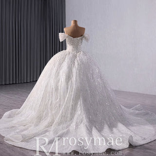 Organza Ball Gown Off the Shoulder Wedding Dress with Boat Neck - Rosymae