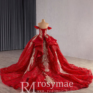 Ornate Red Gold Ball Gown with Gold Embroidery & Sequins Quinceanera Dress - Rosymae