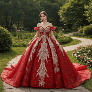 Ornate Red Gold Ball Gown with Gold Embroidery & Sequins Quinceanera Dress - Rosymae