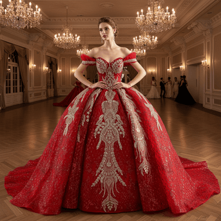 Ornate Red Gold Ball Gown with Gold Embroidery & Sequins Quinceanera Dress - Rosymae