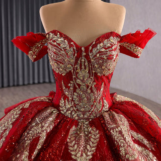 Ornate Red Gold Ball Gown with Gold Embroidery & Sequins Quinceanera Dress - Rosymae